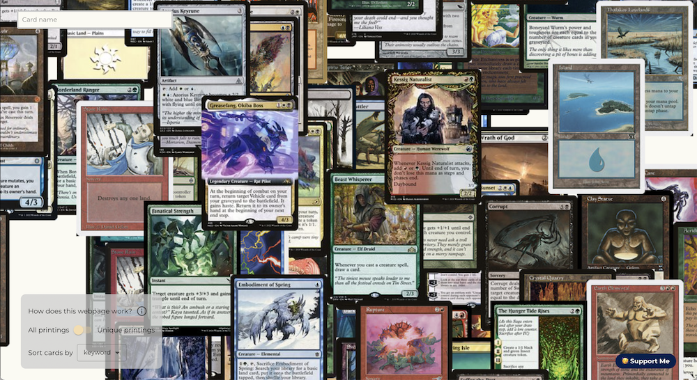 Pàgina web que mostra totes les cartes de MTG organitzades usant IA.