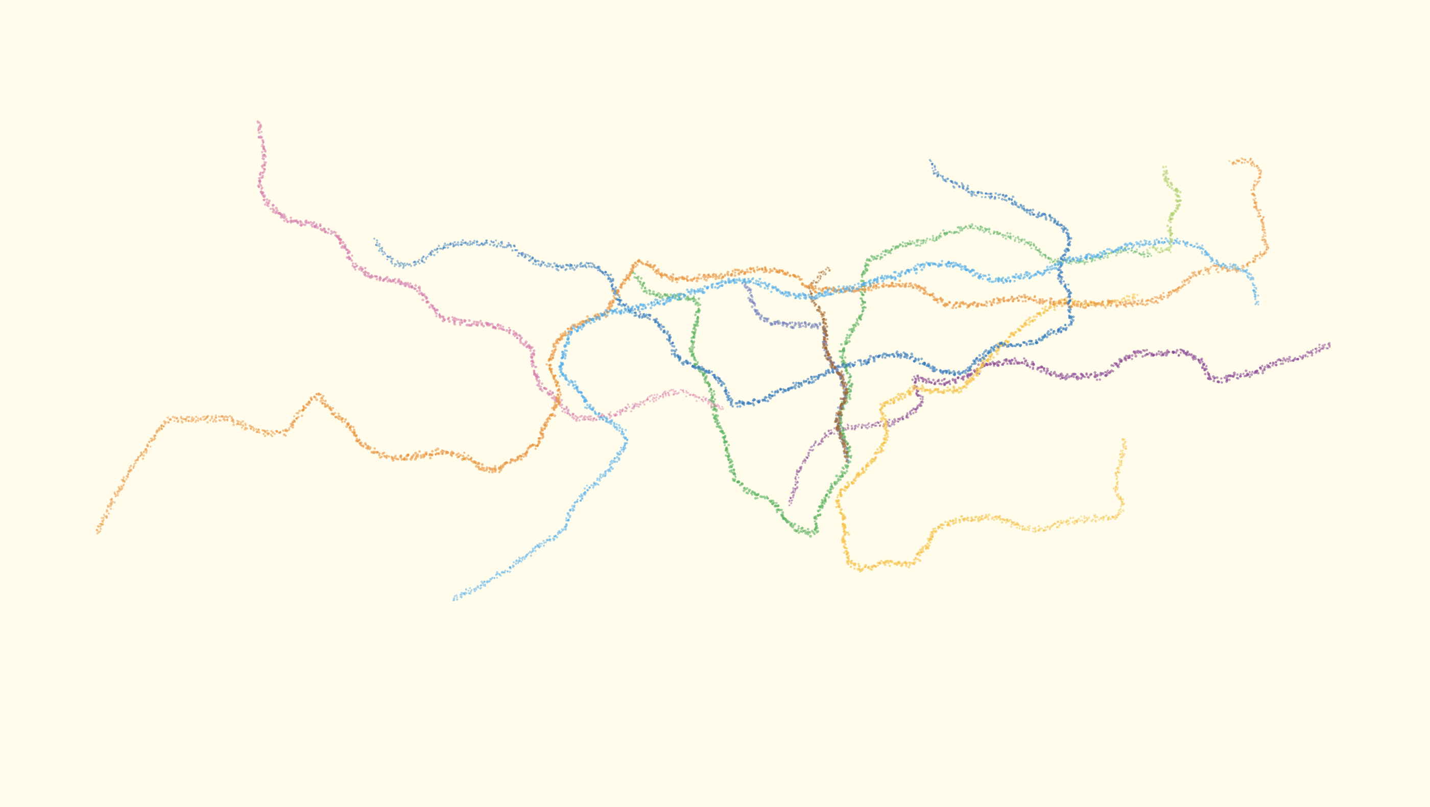 Primera prova amb la llibreria p5brush. Dibuix del mapa de metro de Barcelona usant les coordenades de les parades.