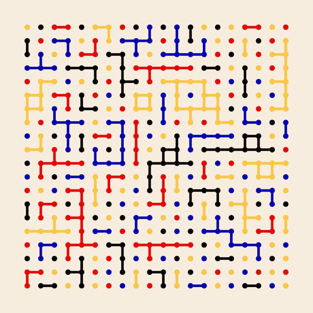 Una idea per creat patrons a partir de punts a l'atzar. Dos punts creen una linia, i quan en tens més, crea un laberint de colors.